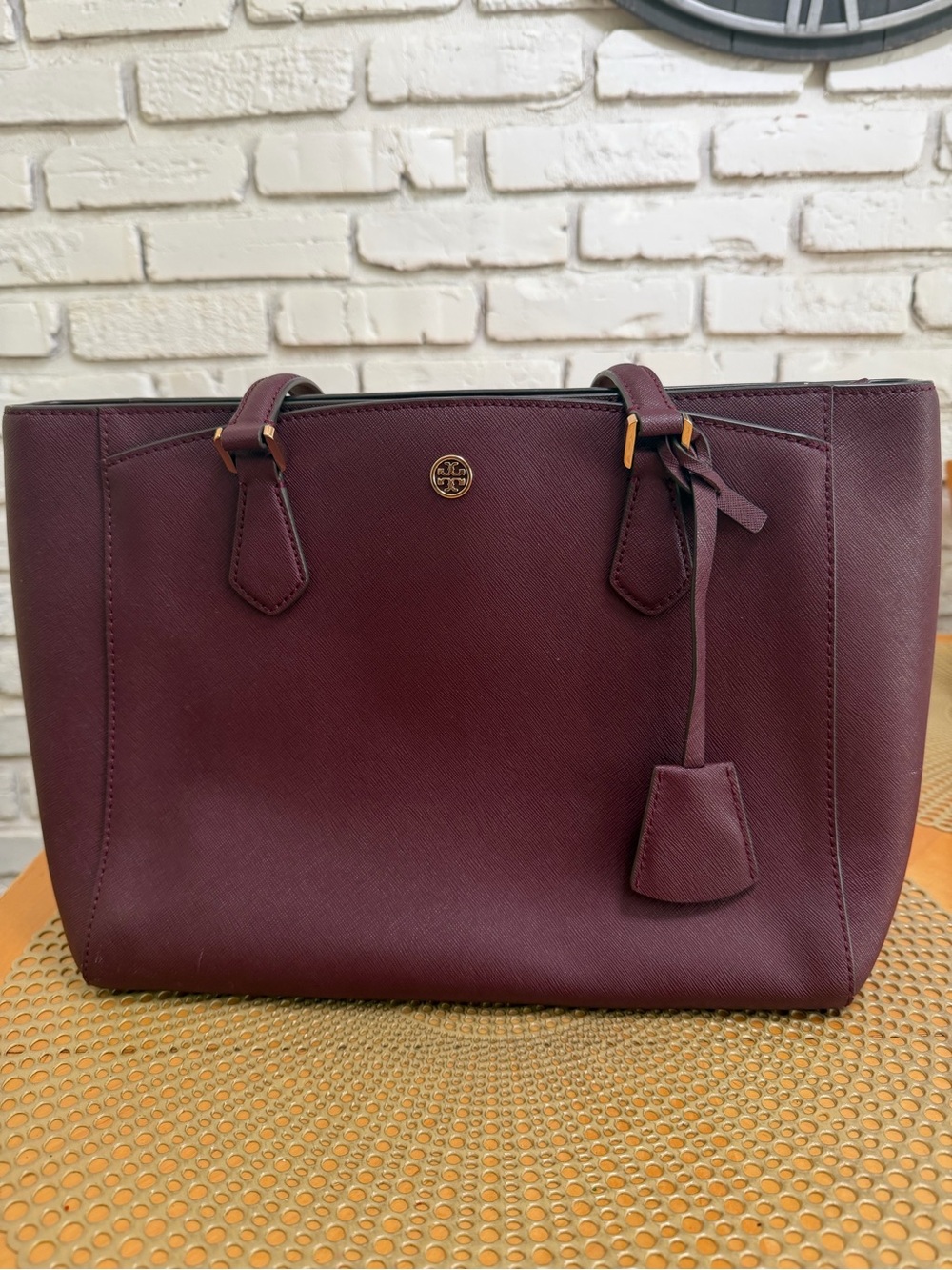Tory Burch Wine Saffiano Leather Tote with Gold Hardware